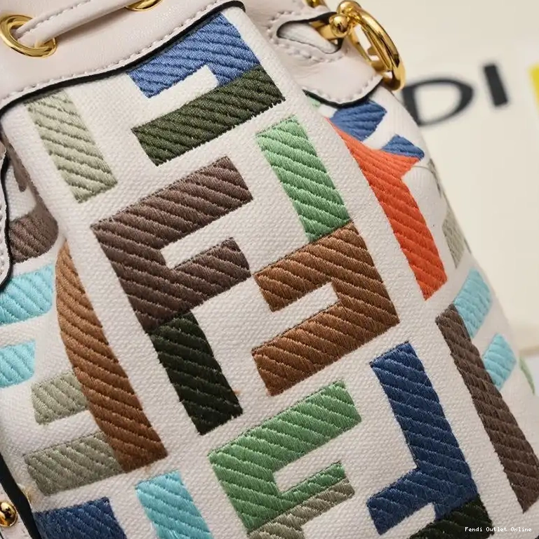 Affordable Bucket FF Mon Mini Bag Beige Handle Tresor Fendi Woven In Canvas with Motif 0626